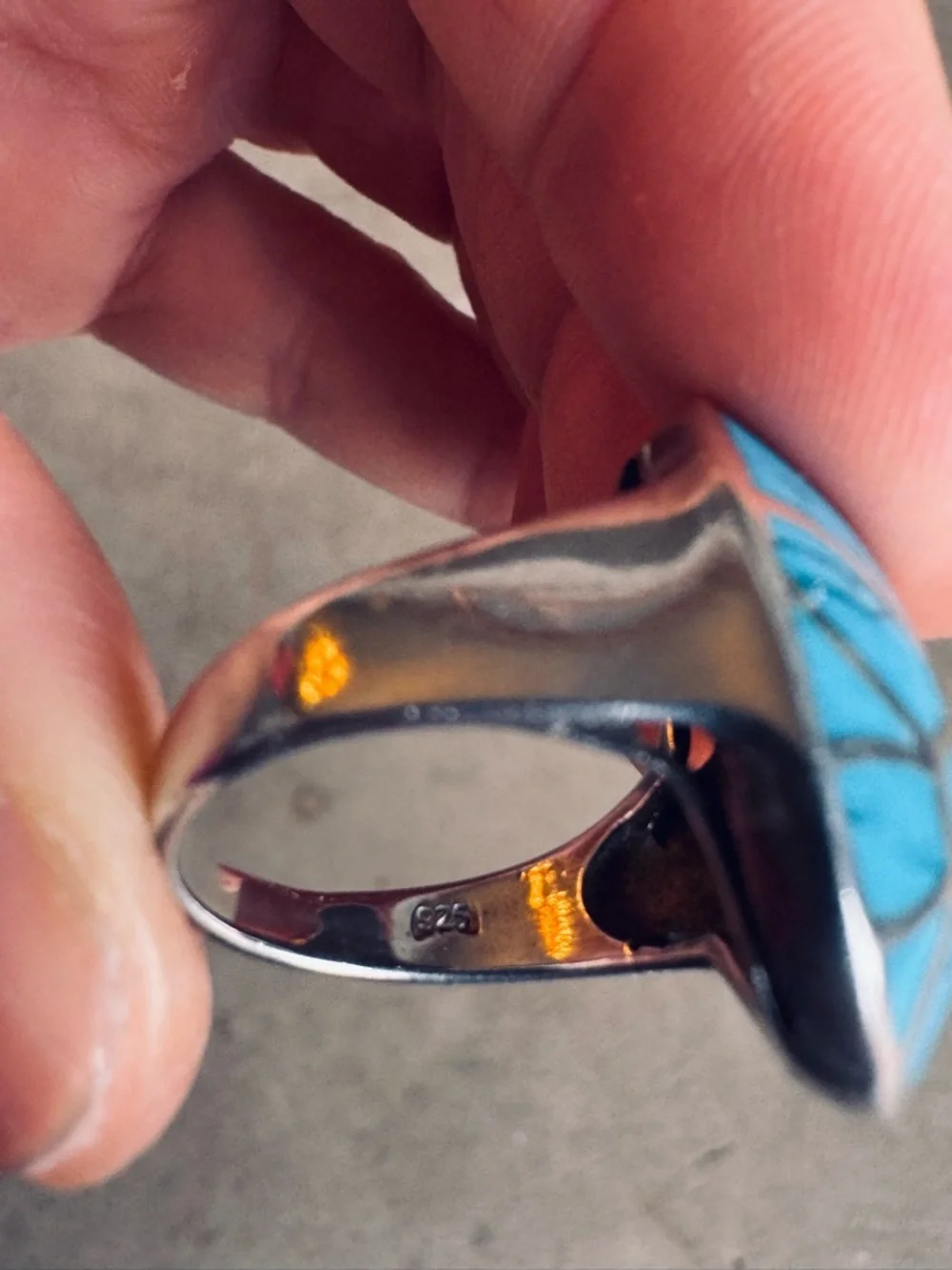 Sterling Silver Statement Turquoise 1” Oval Ring with Flower motif Size 7.75